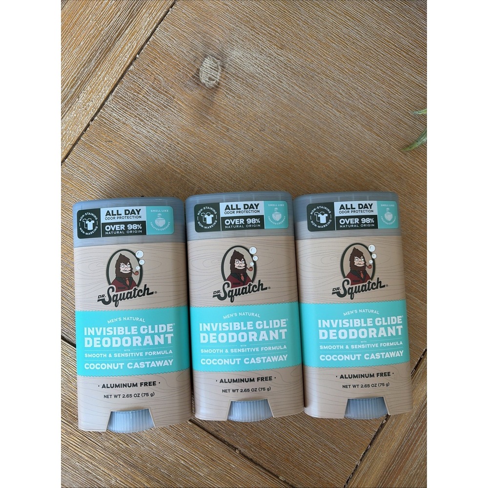 3-Pack Dr. Squatch COCONUT CASTAWAY Invisible Glide Deodorant 2.65oz Each - Picture 1 of 1